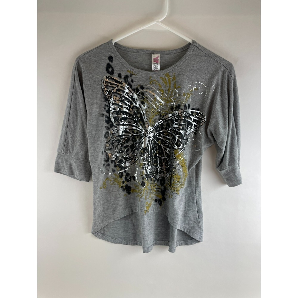 Beautees Shirt Girls Size XL Gray Butterfly Sparkle Graphic Half Sleeve Crewneck